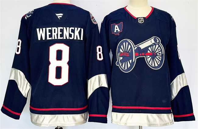 Men%27s Columbus Blue Jackets #8 Zach Werenski Navy 2024-25 With A Patch Stitched Jersey